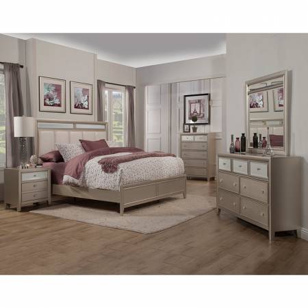 1519 Alpine Furniture 1519-01Q Silver Dreams 4PC SETS Queen Panel Bed Upholstered Mirror Accents Headboard
