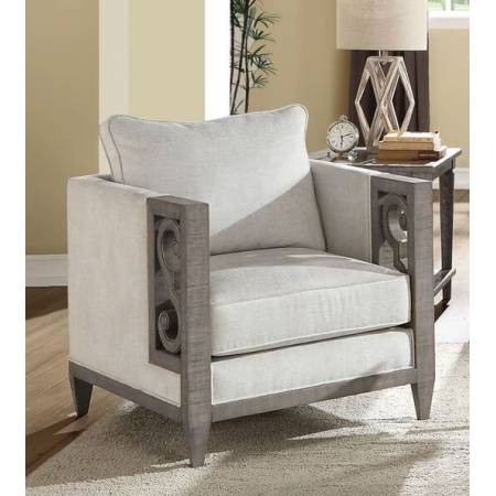 56092 Artesia Gray Fabric Chair with Wood Scrolled Motifs