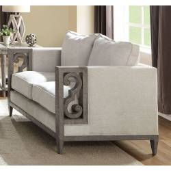 56091 Artesia Gray Fabric Loveseat with Wood Scrolled Motifs