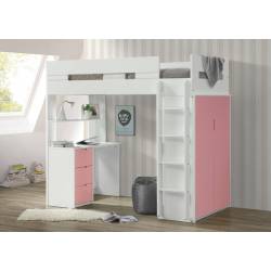 38040 Nerice White/Pink Wood Twin Loft Bed with Desk & Wardrobe