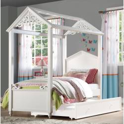37348 Rapunzel White Wood Full Canopy Bed with Trundle