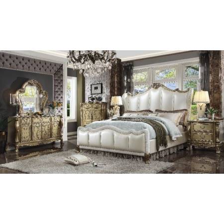 Dresden II Eastern King Bed in Pearl White PU & Gold Patina - Acme Furniture 27817EK
