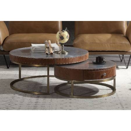 Tamas Coffee Table (Small) in Aluminum & Cocoa Top Grain Leather - Acme Furniture 84890