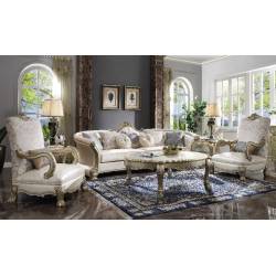 Dresden II Sofa w/7 Pillows in Pearl PU & Gold Patina