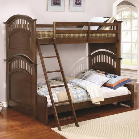 Halsted Casual Wooden Twin over Full Bunk Bed with Walnut Finish