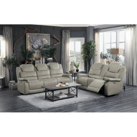 9848GY-2PWH+3PWH Power Double Reclining Sofa and Love Seat with Power Headrests, Drop-Down Cup Holders, Receptacles and USB Ports Shola