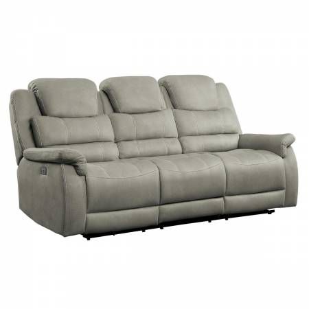 9848GY-3PWH Power Double Reclining Sofa with Power Headrests, Drop-Down Cup Holders, Receptacles and USB Ports Shola
