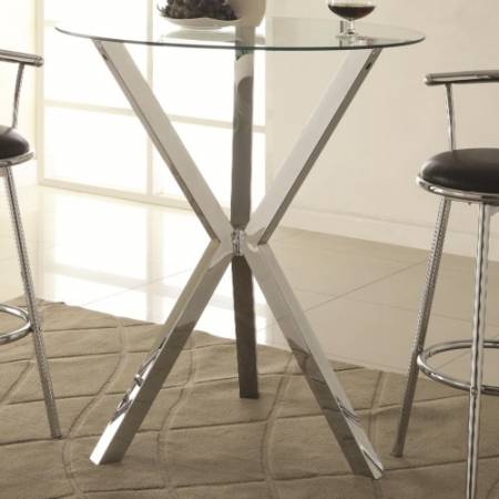 100186 Bar Units and Bar Tables Round Pub Table with Glass Top and X-Shaped Chrome-Colored Base