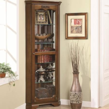 Curio Cabinets 5 Shelf Corner Curio with 1 Door & Acanthus Leaf Top 950195