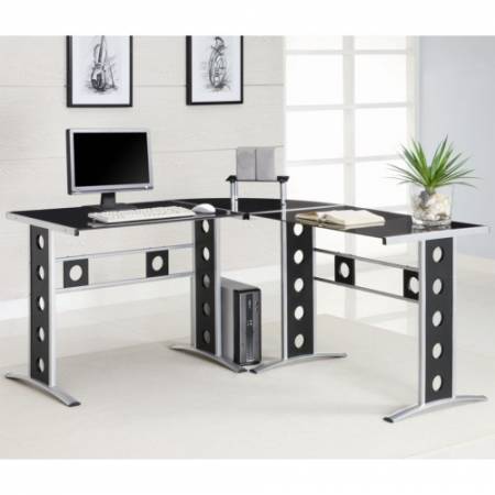 Modern L Shape Desk with Silver Frame & Black Glass 800228