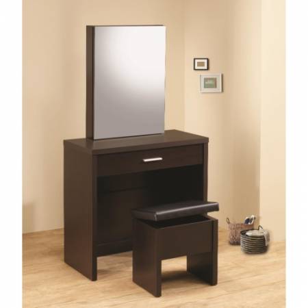 Vanities Glossy Cappuccino Vanity with Hidden Mirror Storage and Lift-Top Stool 300289