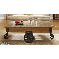 Factory Cocktail Table - Solid Top with Wheels - Rustic Brown