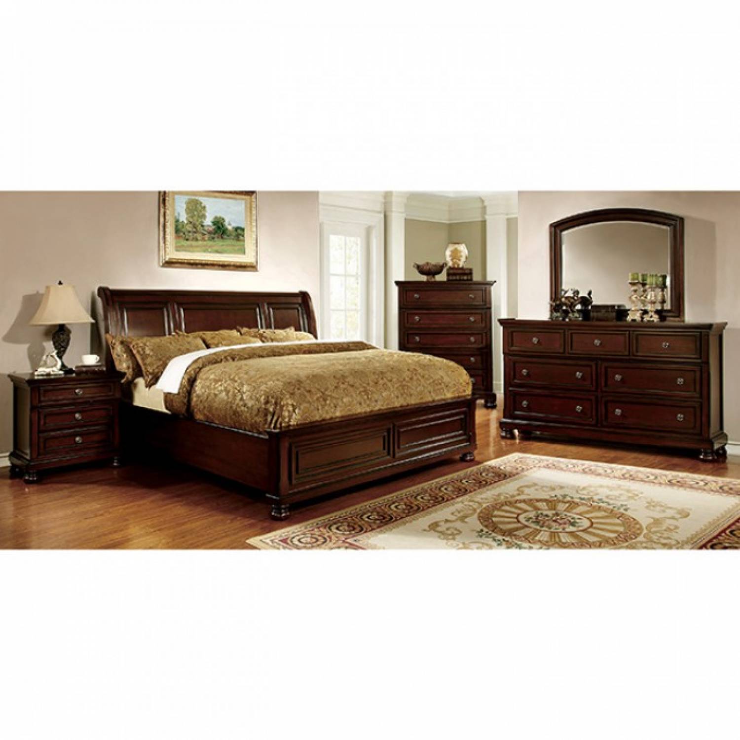 Northville Dark Cherry 5 Pc Set Chest Queen Bed 2 Night Stand Dresser Mirror